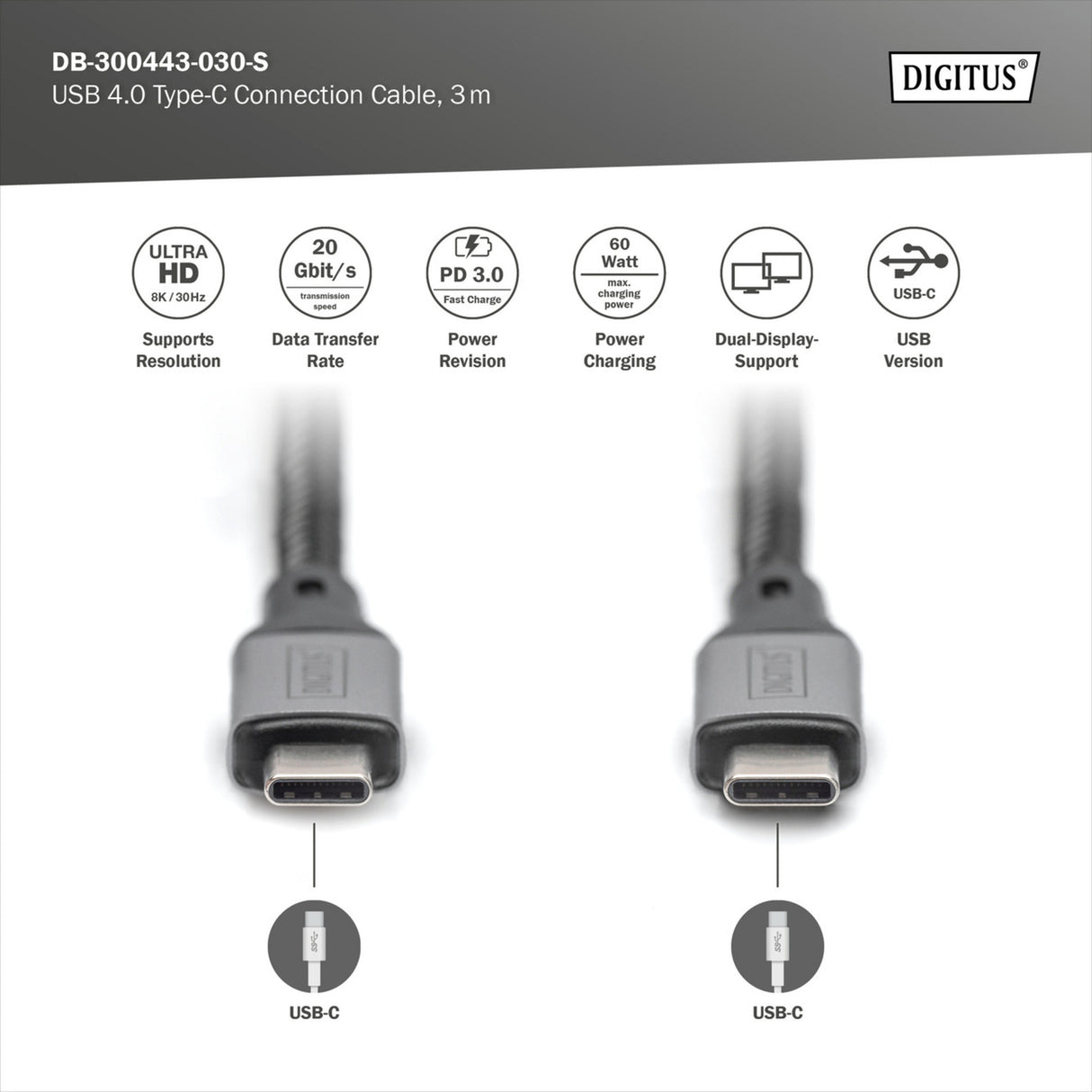 Digitus USB-C 4 gen2 USB-C Verbindungskabel (schwarz grau, 3 Meter)
