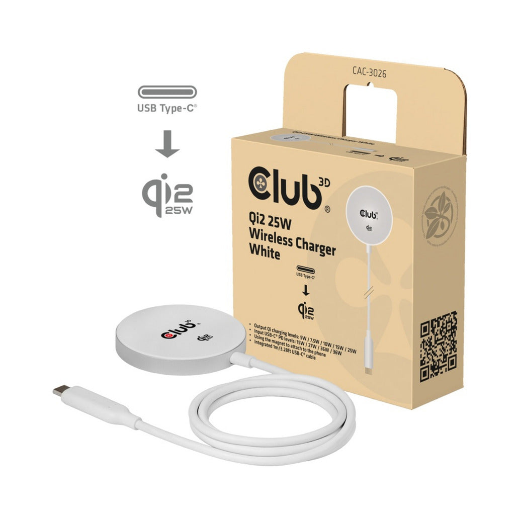 Club 3d cac-3026 qi2 25w draadloze oplader (wit, qi-gecertificeerd, magsafe-compatibel, magnetisch pad)