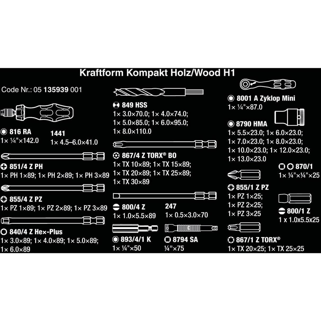 Wera kraftform kompakt h 1 hout, 41‑delig gereedschapsset (zwart groen)