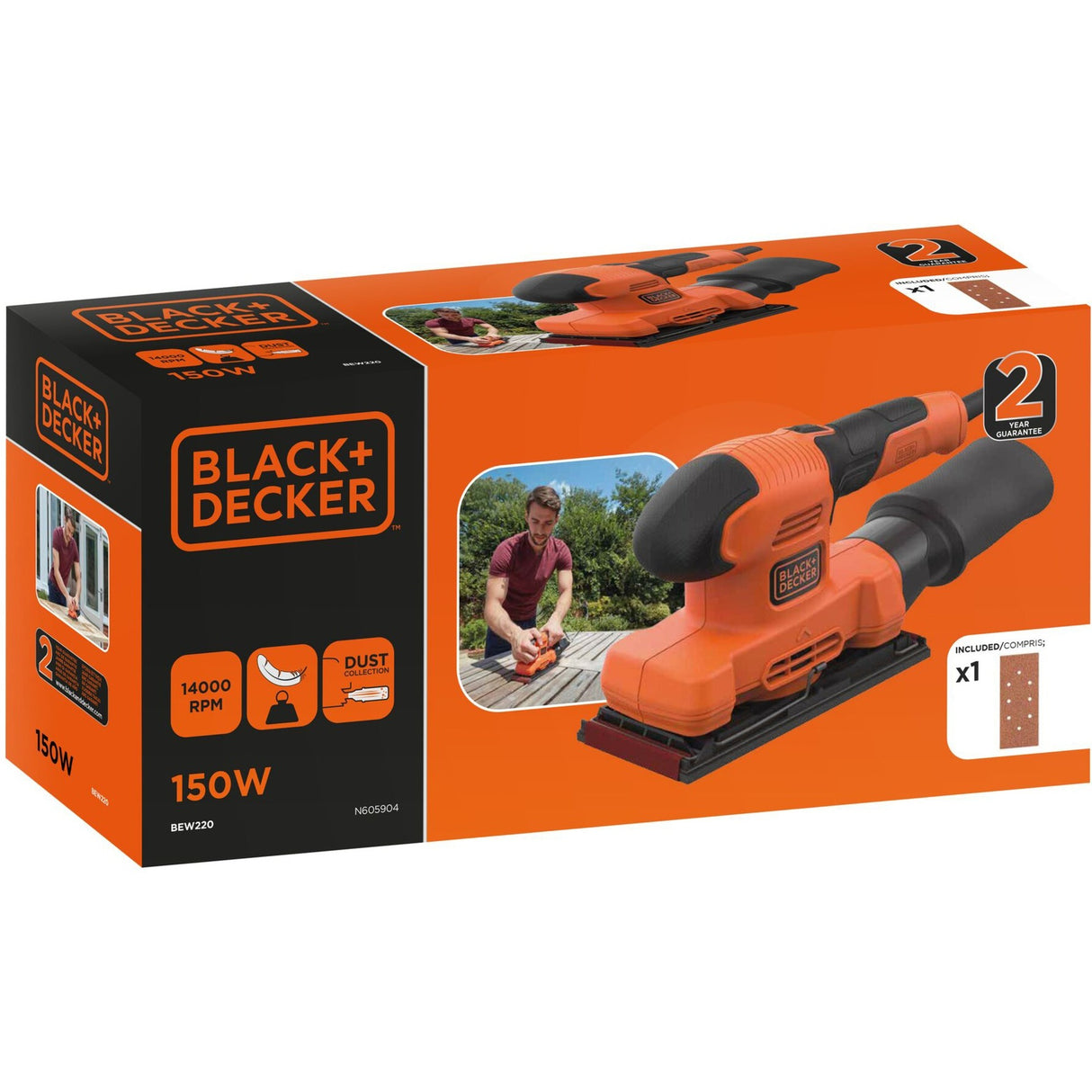 Black+Decker 150 W 1 3-Blatt-Exzenterschleifer BEW220-QS (Orange Schwarz)