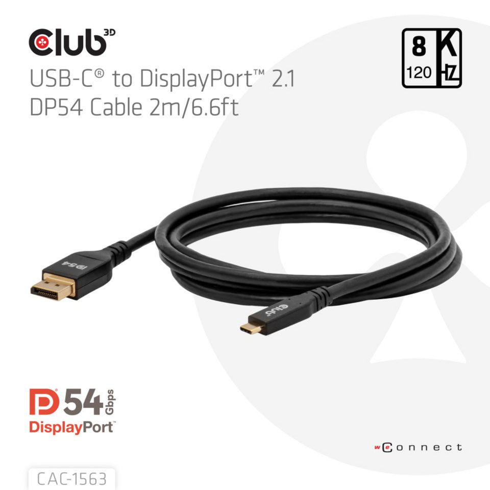 Club 3D USB-C auf DisplayPort 2.1 DP54 Bidirektionales Kabel, 8K120Hz 2m (Schwarz)