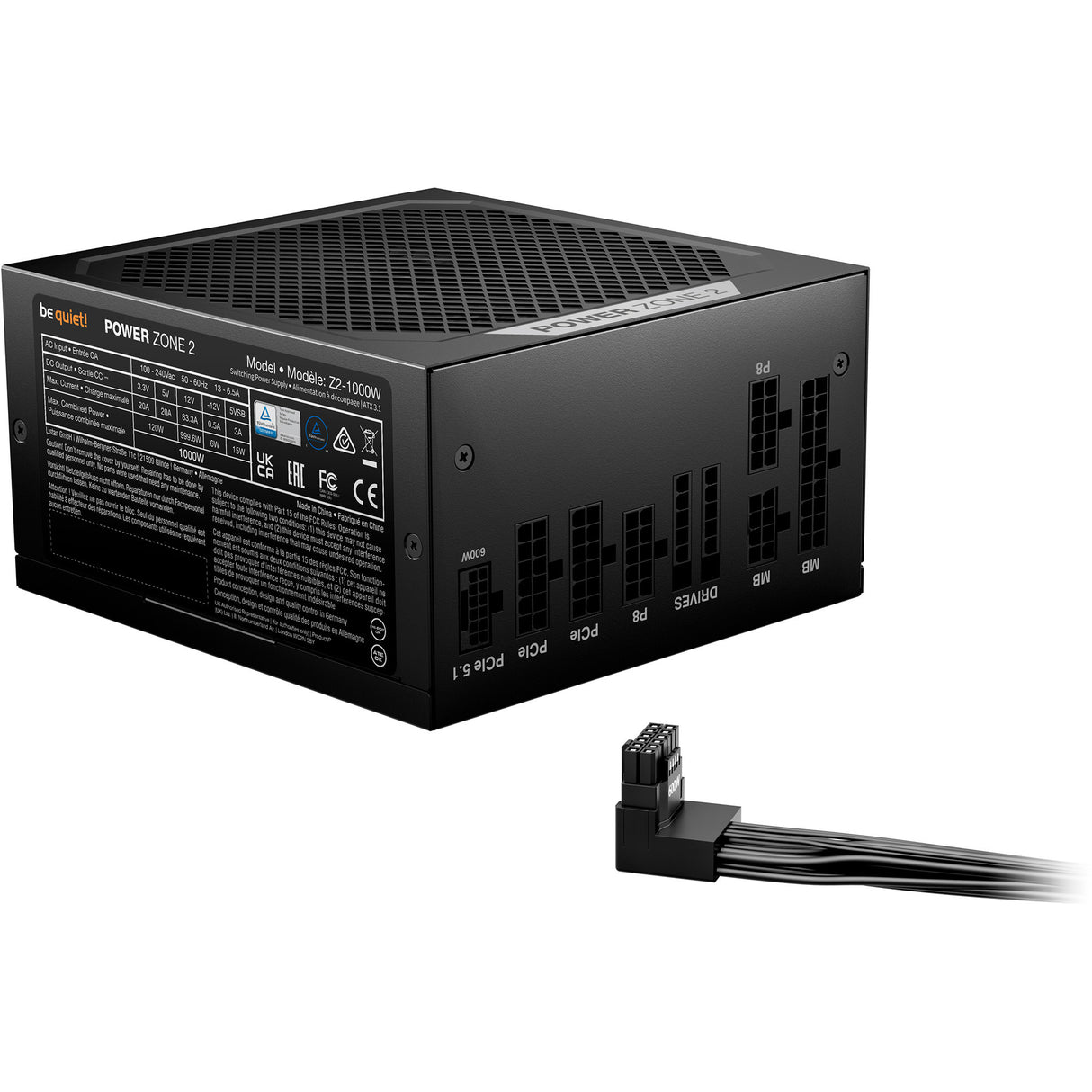 Ruhig sein! Power Zone 2 modulares 1000-Watt-Netzteil (schwarz, 1x 12V-2x6, 3x PCIe)