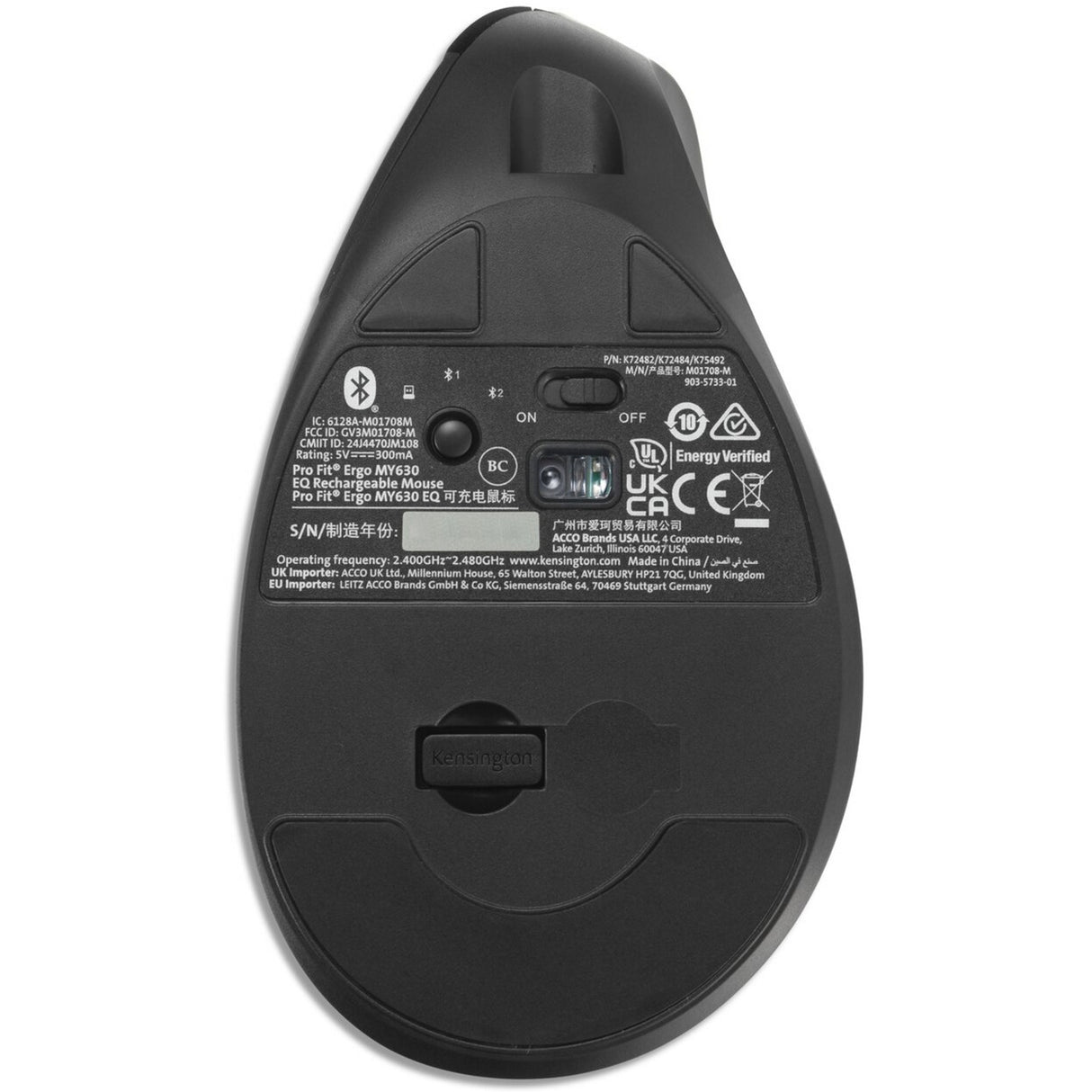 Kensington Pro Fit Ergo My630 EQ wiederaufladbare Maus (schwarz, 1000–2400 dpi, Bluetooth, 2,4 GHz)