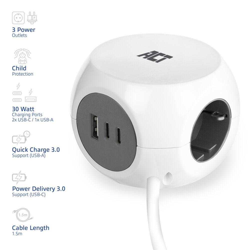 Act-Steckdosenleiste Cube mit 3 Steckdosen (Typ F), 30 W pd