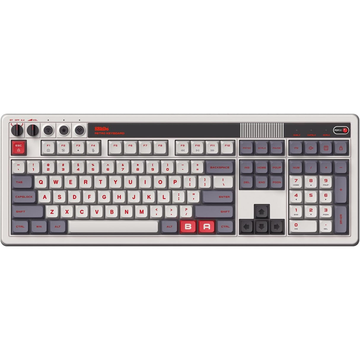 8bitdo Retro mechanische Tastatur N Edition (grau, US-Layout (QWERTY), Kailh Box weiß, 100 %, Bluetooth Low Energy, Wireless 2,4 g, USB)