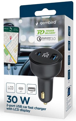 Gembird USB + USB-C Autoladegerät | 30w | schwarz | Status-LCD - 9540114