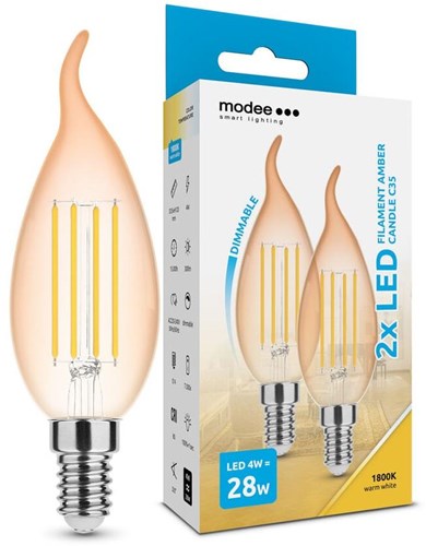 Modee LED-Kerze mit Spitze, E14, 4–28 W, 1800 K-Filament, bernsteinfarben, dimmbar, 2er-Pack – LED7408