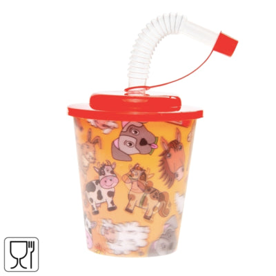 3D-Becher mit Strohhalm und Deckel Bauernhoftiere 250 ml | 24 Stück
