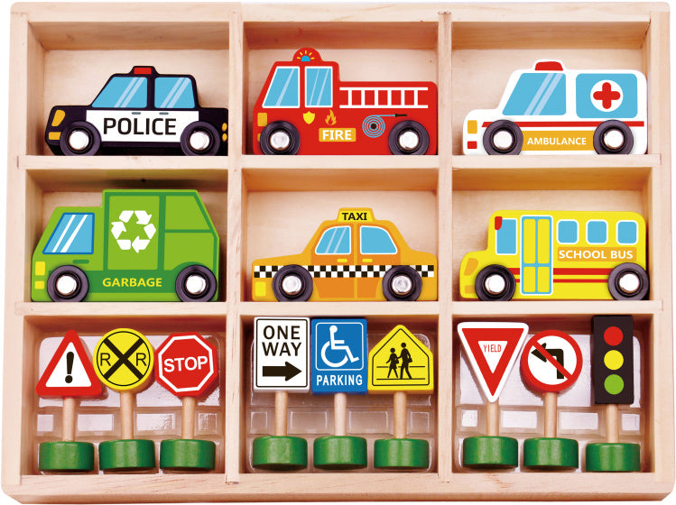 Toky Toy Holzfahrzeug und Verkehrsschild 16-teilig gesetzt