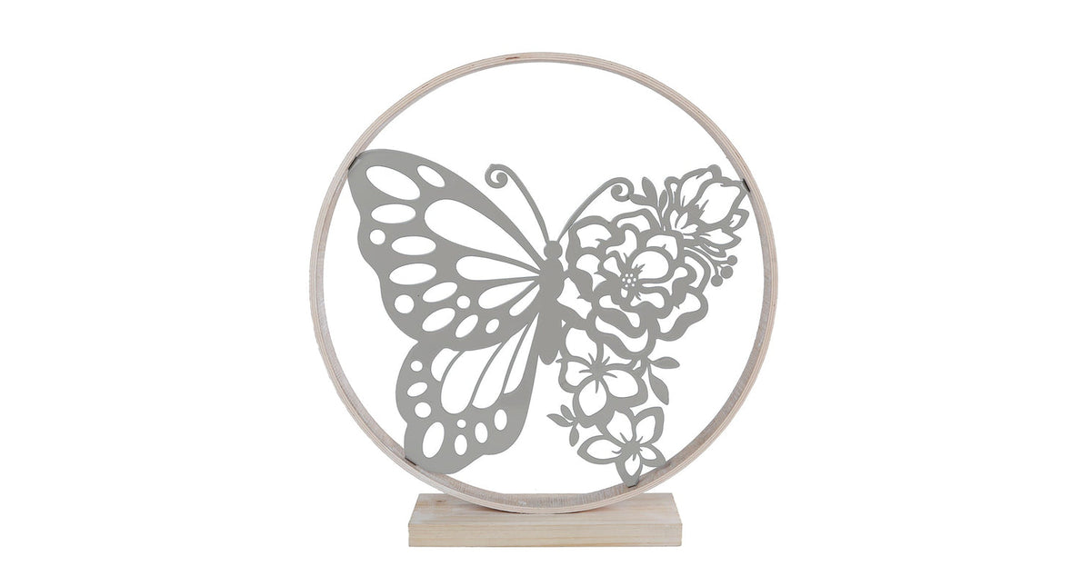 Sculptuur butterfly in ring wit metaal hout 36,5x36,5x6cm