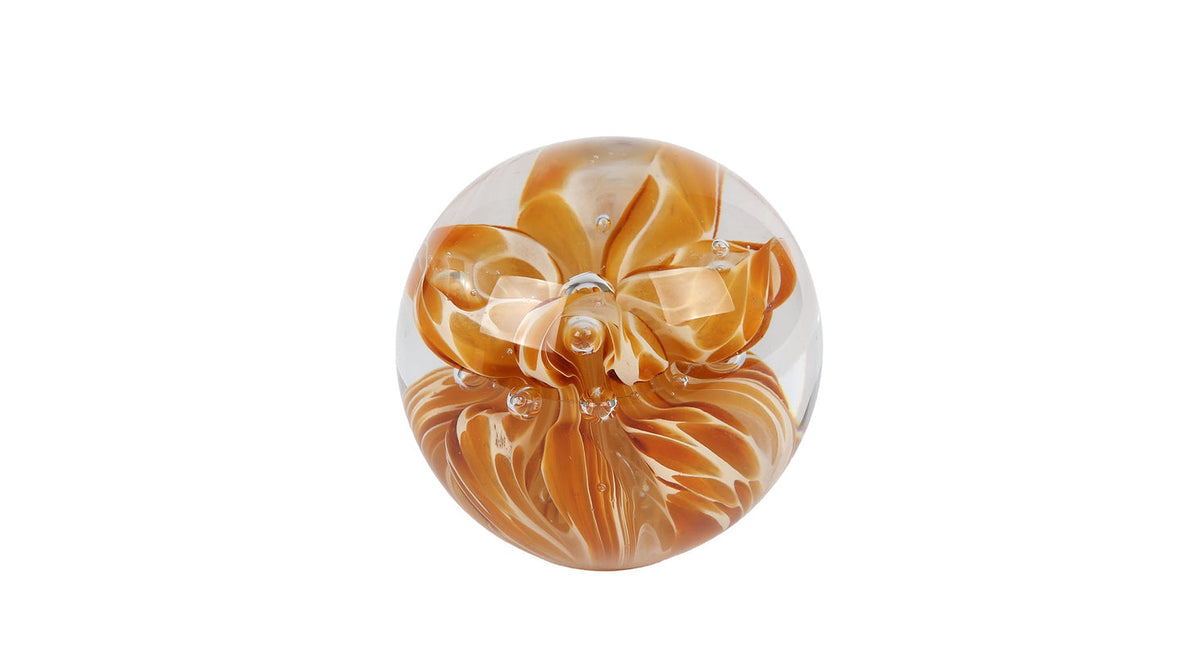 Sculptuur ball met bloem amber glas 8x8x8cm