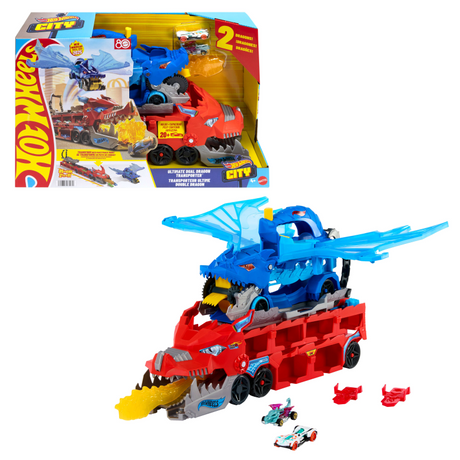 Hot Wheels City – Ultimatives Doppeldrachen-Transportfahrzeug und 2 Spielzeugautos