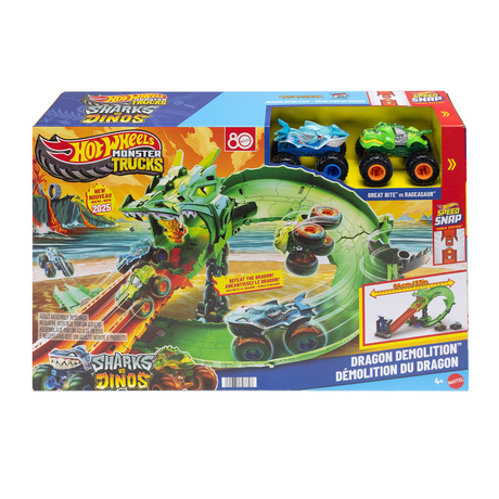 Hot Wheels Monster Trucks – Sharks vs. Dinos Drachen-Zerstörungsspielset und 2 Spielzeug-Trucks
