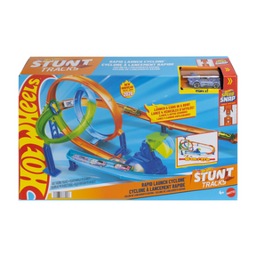 Hot-Wheels-Stunt-Strecken-Schnellstart-Cyclone-Streckenset und Spielzeugauto aus Metall