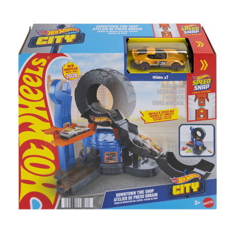 Hot Wheels City Centre Reifenwerkstatt – Spielset und Spielzeugauto – passend für das Quick-Click-Track-System