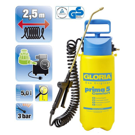 Gloria Haus und Garten 000091.0000 Prima 5 Comfort Drucksprüher 5 l Kompressoranschluss, Spiralschlauch