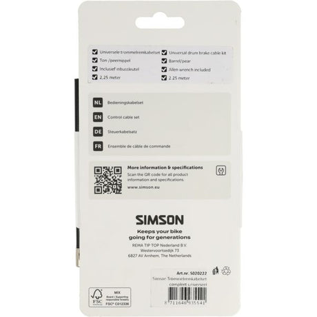 Simson trommelremkabelset compleet universeel rvs - zwart