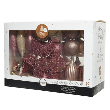 Unzerbrechliches Weihnachtskugelset von Decoris, 59 verschiedene Kugeln mit 1 Dorn. samtrosa errötende rosa Perle