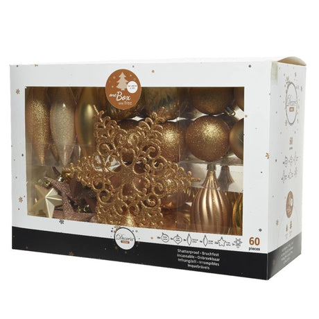 Unzerbrechliches Weihnachtskugelset von Decoris, 59 verschiedene Kugeln mit 1 Spitze aus hellgoldenem Perlbutterscotch