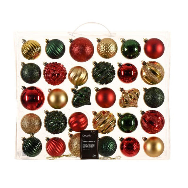 Decoris Weihnachtskugeln aus Kunststoff im Karton zu 30 Stück in den Farben Rot-Grün-Gold in verschiedenen Größen und Formen.