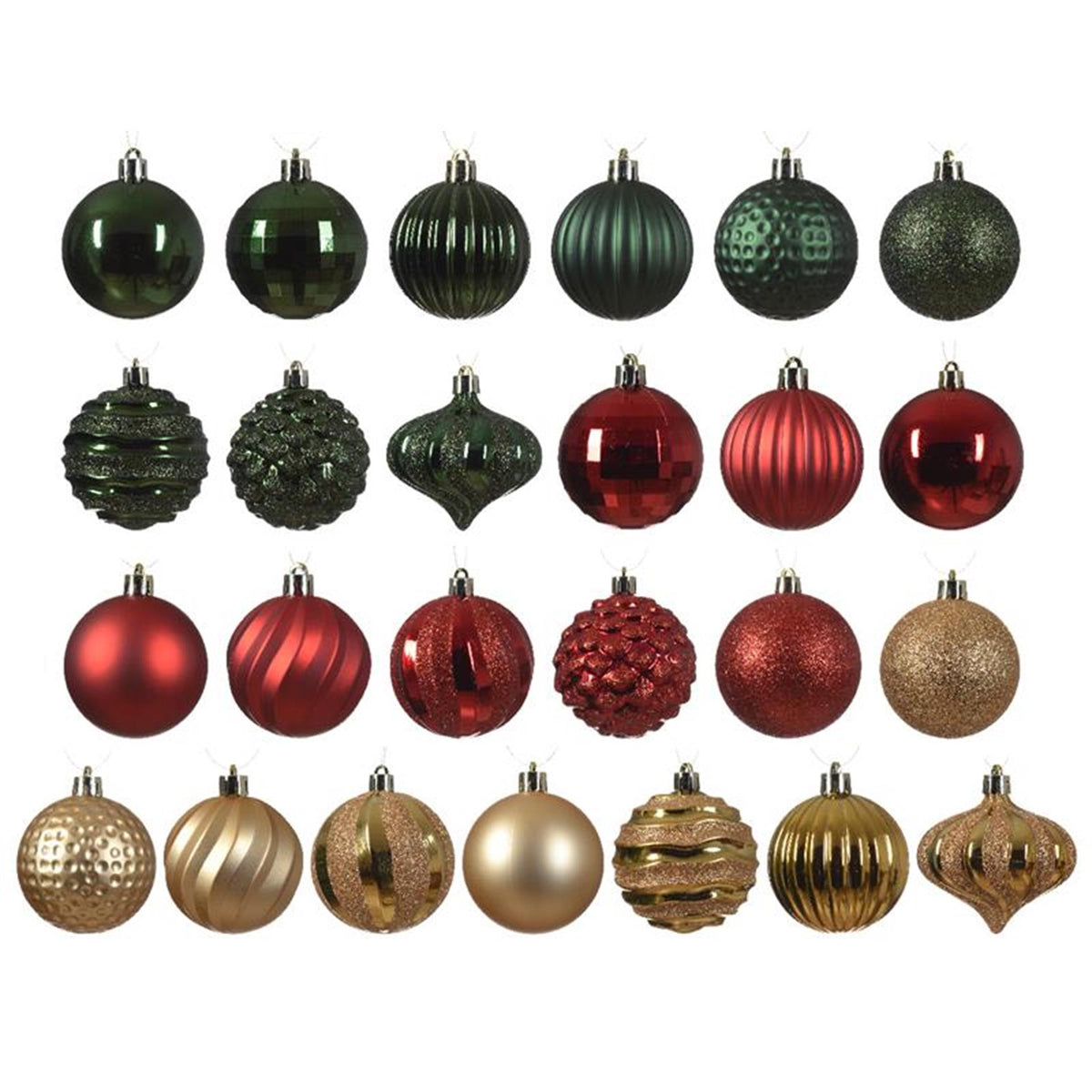 Decoris Weihnachtskugeln aus Kunststoff im Karton zu 30 Stück in den Farben Rot-Grün-Gold in verschiedenen Größen und Formen.