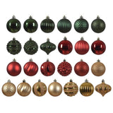 Decoris Weihnachtskugeln aus Kunststoff im Karton zu 30 Stück in den Farben Rot-Grün-Gold in verschiedenen Größen und Formen.