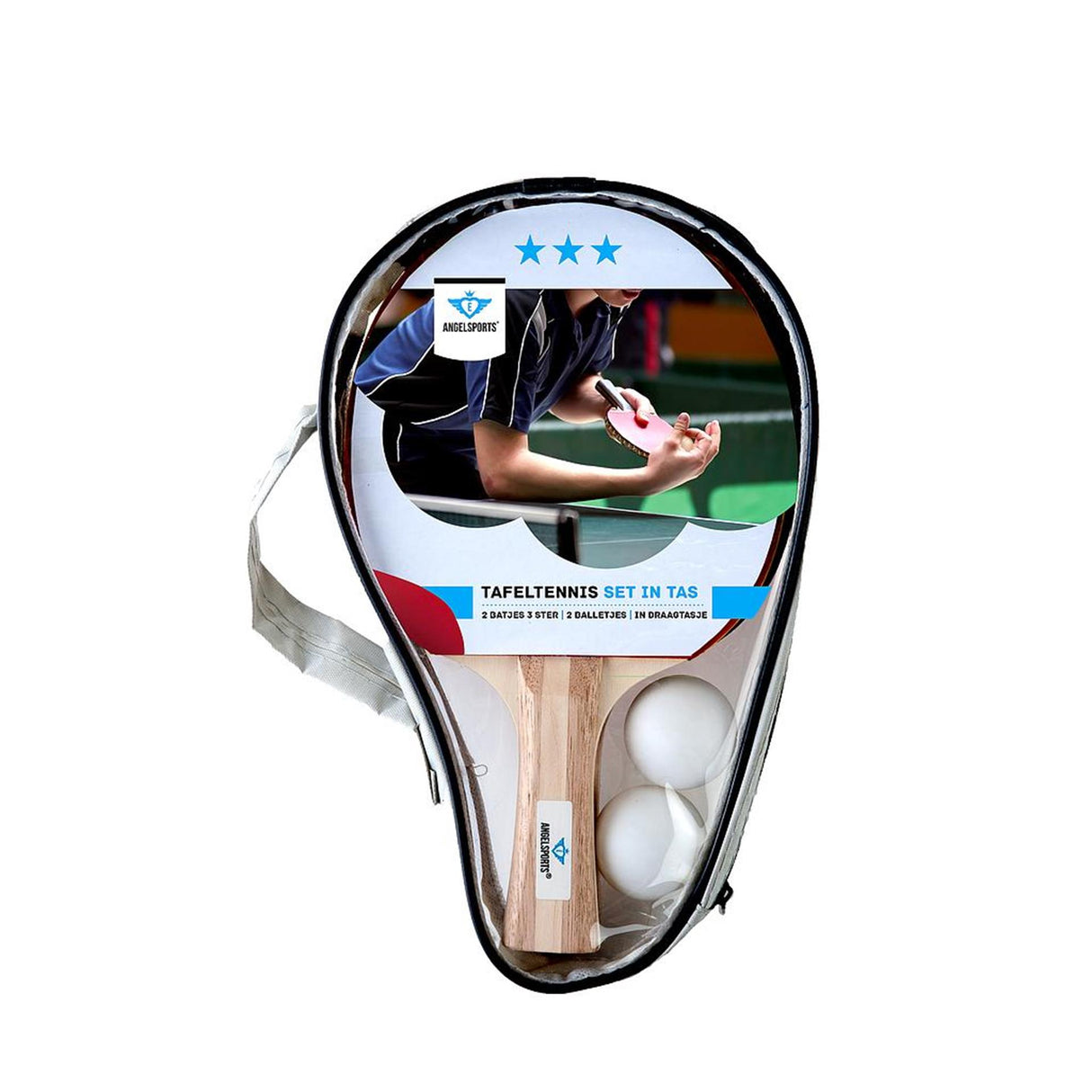 Engelhart Tischtennis-Set 2x 3-Sterne-Schläger mit 2 Bällen in Tasche mit Reißverschluss