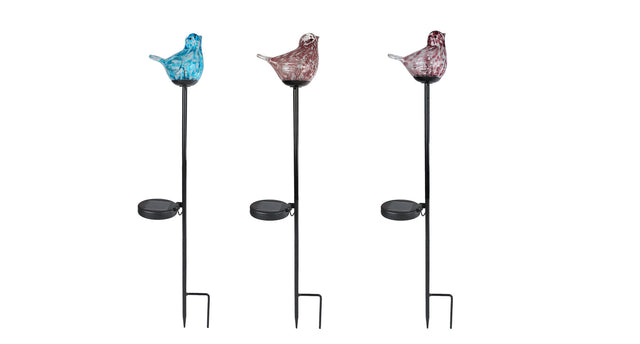 Tuinlamp led vogel solar roze groen lila 3 assortie glas metaal 15x7x75cm