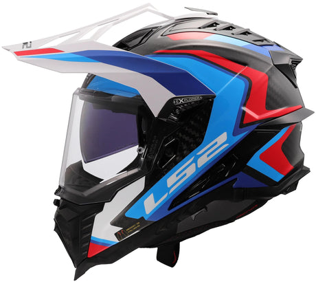 Ls2 Enduro-Helm MX701 Explorer Carbon Frontier II, interne Sonnenblende, abnehmbar, waschbar, hypoallergen und atmungsaktiv, verstärkter Kinnriemen, Rettungswangenpolster, Doppel-D-Futter Helm MX701 Expl. car.fr.ii m ws blau sw