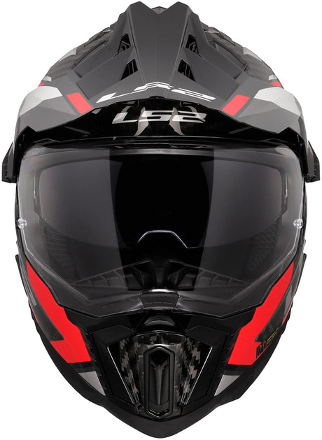 Ls2 Enduro-Helm MX701 Explorer Carbon Frontier II, interne Sonnenblende, abnehmbar, waschbar, hypoallergen und atmungsaktiv, verstärkter Kinnriemen, Rettungswangenpolster, Doppel-D-Futter Helm MX701 Expl. car.fr.ii m rot schwarz