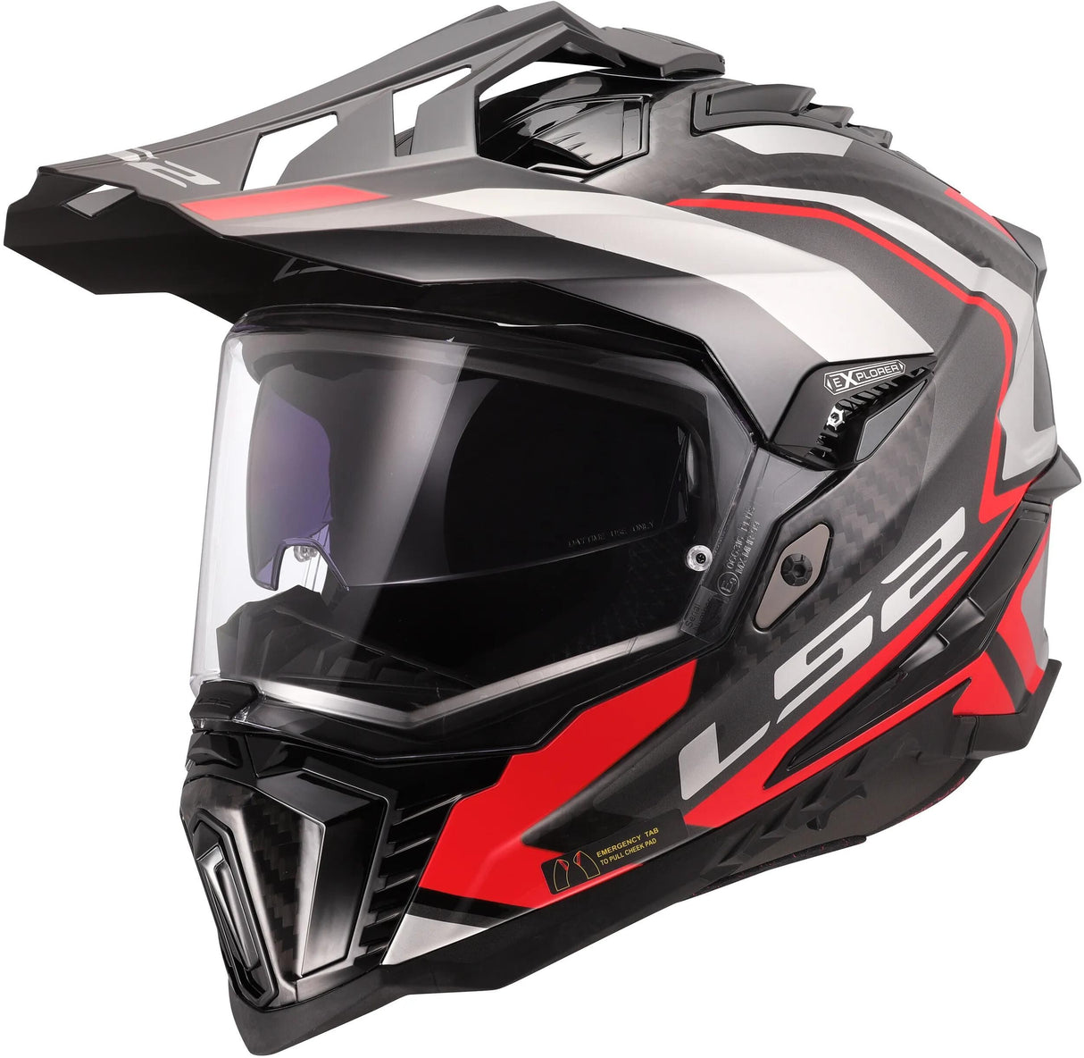 Ls2 Enduro-Helm MX701 Explorer Carbon Frontier II, interne Sonnenblende, abnehmbar, waschbar, hypoallergen und atmungsaktiv, verstärkter Kinnriemen, Rettungswangenpolster, Doppel-D-Futter Helm MX701 Expl. car.fr.ii l rot schwarz