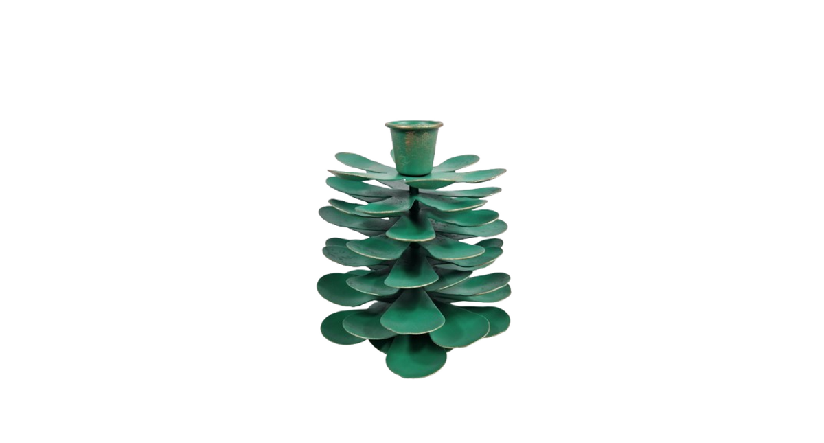 Kandelaar pinecone l groen metaal 11x11x12cm