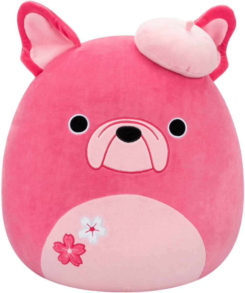 Squishmallows – Elise – rosa französische Bulldogge mit Sakura-Blumen und Baskenmütze, 40 cm Plüsch