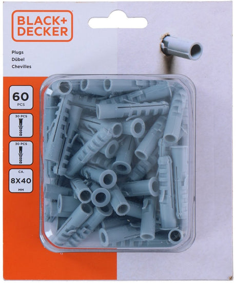 Schwarze+Decker-Dübel 8x40mm – 60 Stück – geeignet für verschiedene Arten von Oberflächen – einfach und schnell zu installieren – sorgt für zuverlässige Verankerung – aus Kunststoff – Farbe grau
