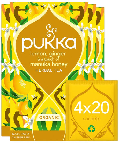Pukka Tee Zitrone, Ingwer, Manukahonig – 80 Teebeutel – Bio-Kräutertee Zitrone, Ingwer, Honig – 4 x 20 Beutel – Tee-Vorteilspackung