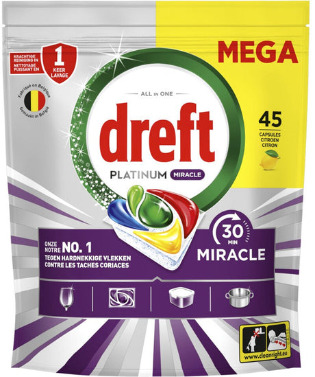 Dreft Platinum Miracle All-in-One-Spülmaschinentabletten – 30-Minuten-Wunder – 45 Stück