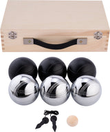 Engelhart Boule-Spiel aus Metall – 6 Kugeln in Holzbox – Schwarzgrau – Luxus-Set – Pétanque – Boule – Metallkugeln – passend für jeden Boule-Platz – Langfeld