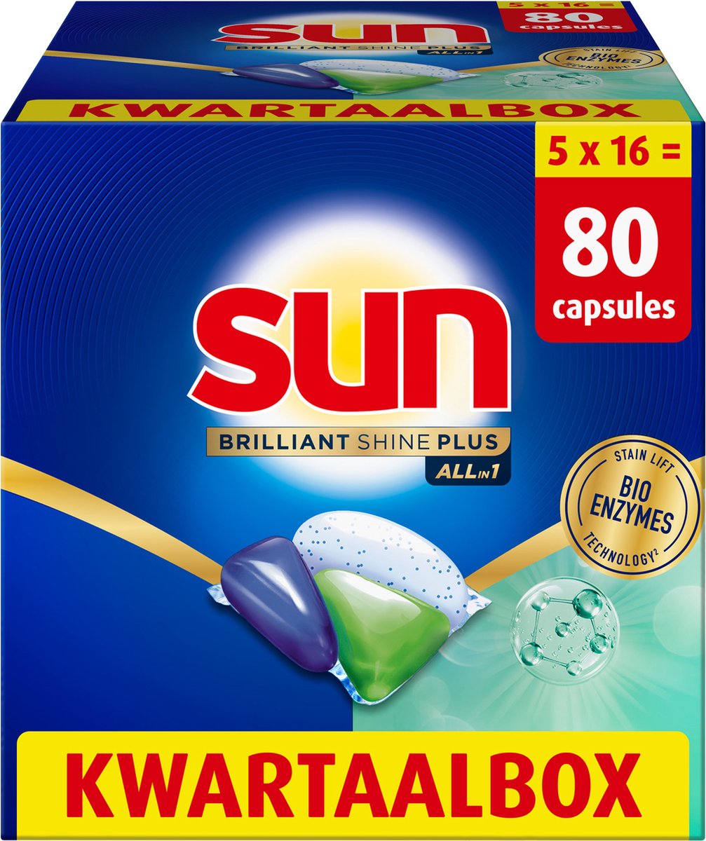 Sun - vaatwastabletten- brilliant shine plus - all-in 1 - 80 capsules - voordeelverpakking