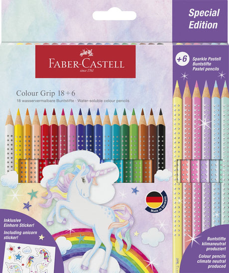 Faber-Castell Buntstifte – Grip Einhorn – 18 Farben Grip + 6 glitzernde Pastelltöne + Einhorn-Aufkleber – FC-201543