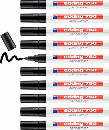 Edding 750 Lackmarker - Schwarz - Rundspitze 2-4 mm - Box à 10 Stück - Lackstift zum Markieren und Beschriften von Metall, Glas, Stein oder Kunststoff - hitzebeständig, permanent, wischfest und wasserfest