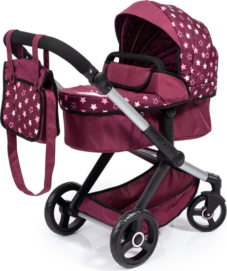 Bayer Design - Kombi-Puppenwagen XEO, Tasche, Burgunderrot, Rosa, Sterne