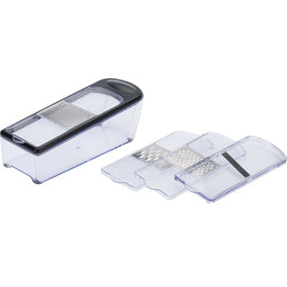 Westmark Reiben- und Hobel-Set mit 4 Schneidgittern und Auffangschale, Edelstahl-Kunststoff, Techniker-Quadro, transparent schwarz silber, 14352260