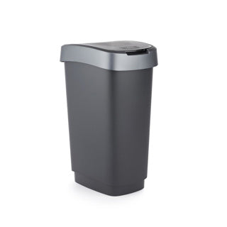 Rotho Twist Mülleimer mit Schwingdeckel 25l – Schwarz Silber – BPA-frei – inkl. 6 Aufkleber für verschiedene Abfallströme