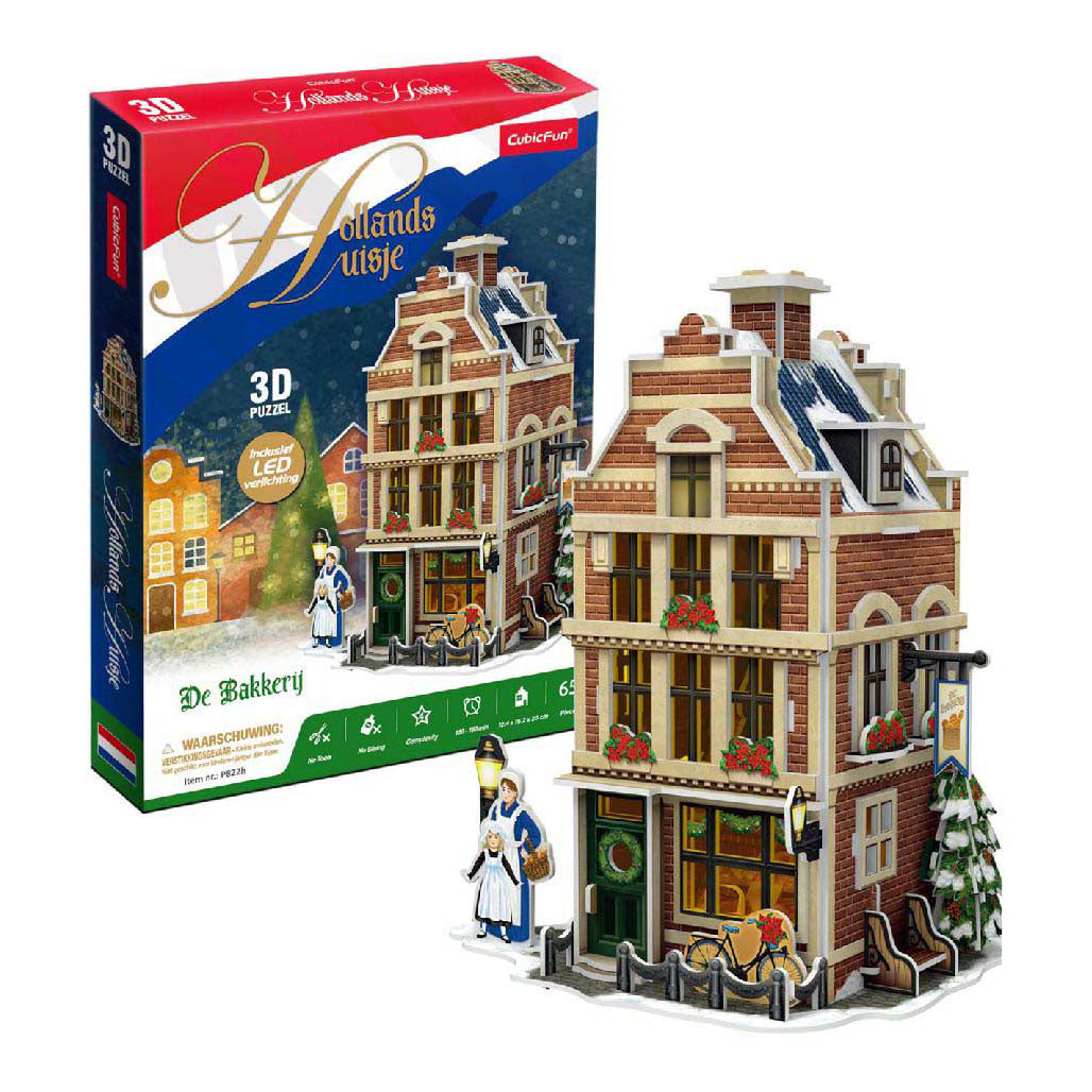 Kubisches lustiges 3D-Puzzle „Holländische Bäckerei“ mit LED-Beleuchtung – 65 Teile.