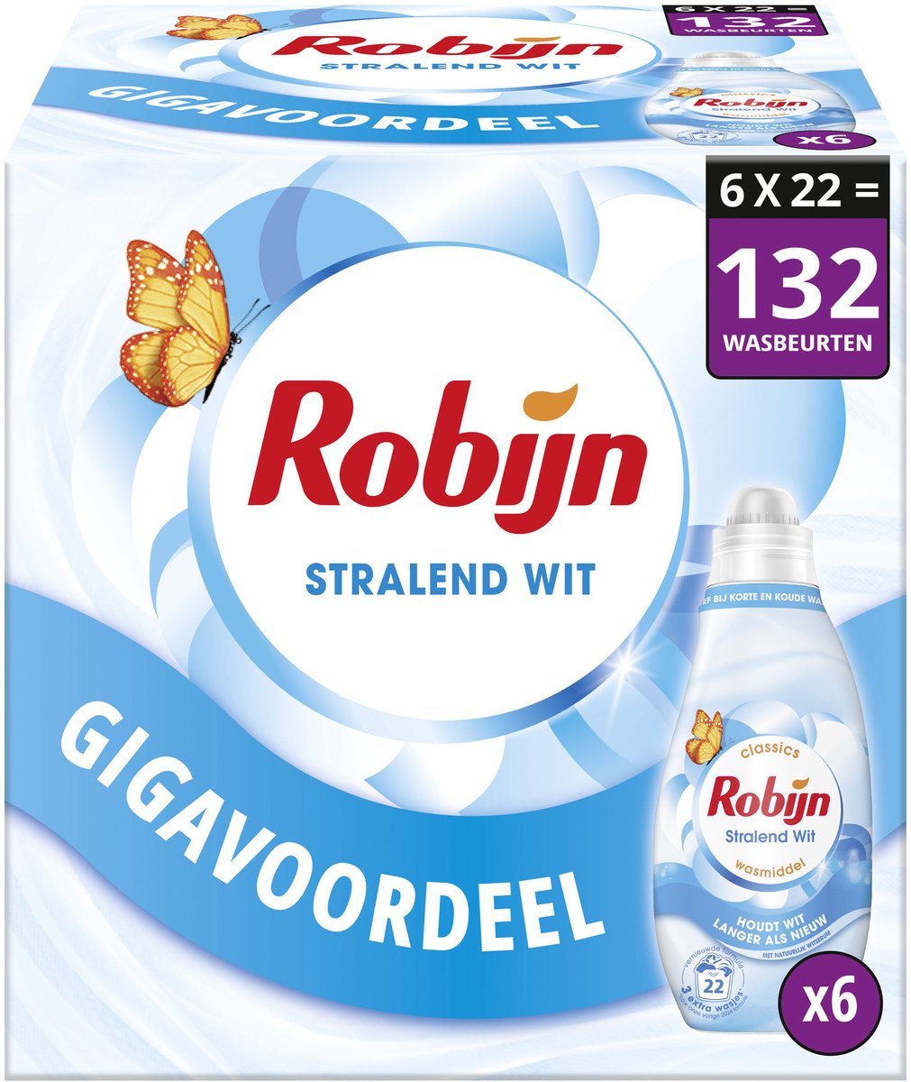 Robijn - vloeibaar wasmiddel - klein krachtig - stralend wit - 6 flessen - 132 wasbeurten