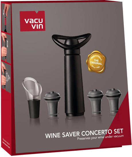 Geschenkset zur Aufbewahrung von Vacu Vin Concerto mit Pumpe, 1 Weinheber und 3 Stopfen