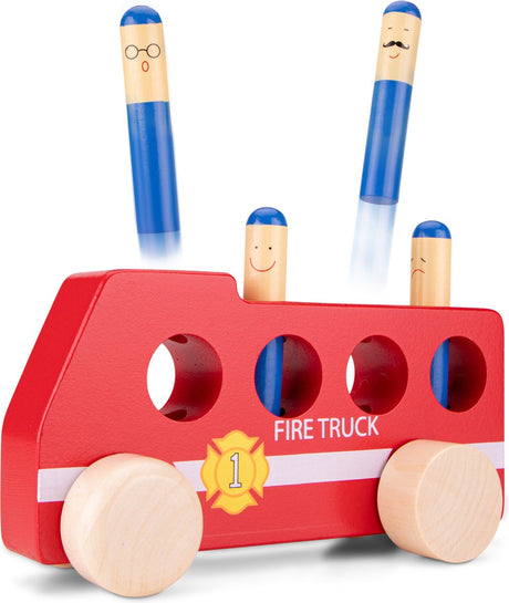 Woet ® houten pop up brandweerauto - rode brandweerwagen met brandweermannen - speelgoedvoertuig - actiespel - educatief speelgoed - vanaf 2 jaar