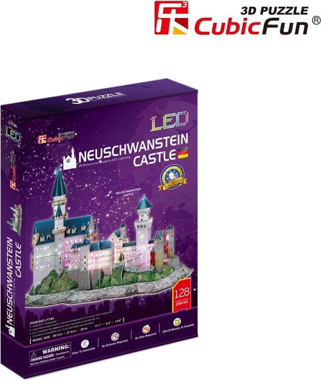 Würfelspaßiges 3D-Puzzle Schloss Neuschwanstein – mit LED-Beleuchtung – 128 Teile