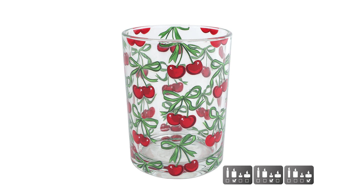 Theelichth cherries m rood groen glas 10x10x12,5cm