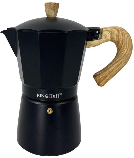 Kinghoff Espressokocher kh-1888 aus Aluminium – 12 Tassen – schwarz mit Holzgriff – induktionsgeeignet – 600 ml – Perkolator